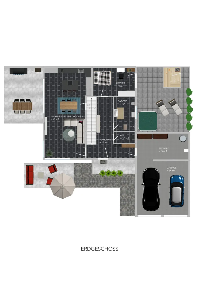 Grundriss Modernes Einfamilienhaus mit großem Garten, Sauna und Doppelgarage in ruhiger Lage
