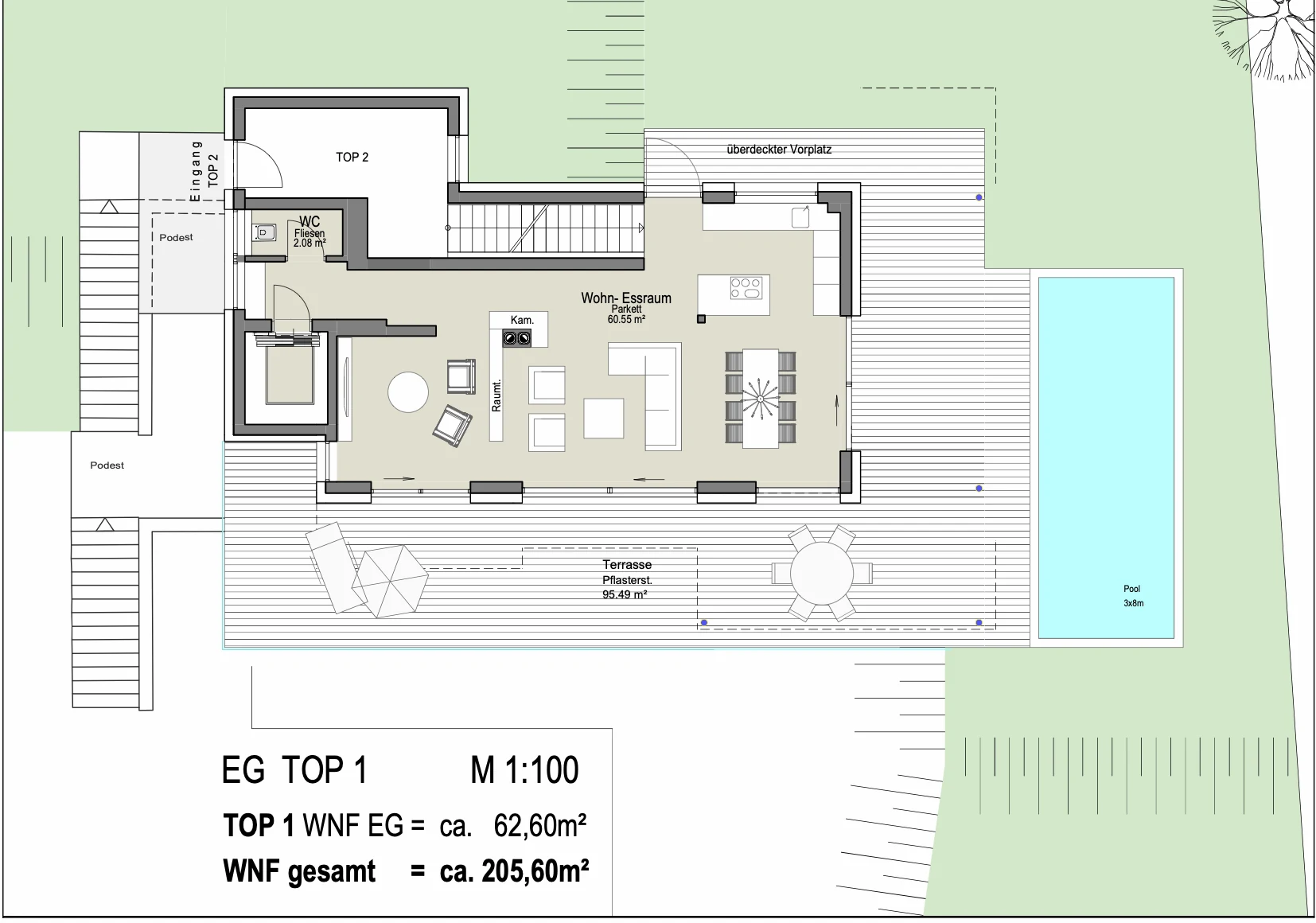 Grundriss Top 1 – Gartenmaisonette, unteres Geschoss
