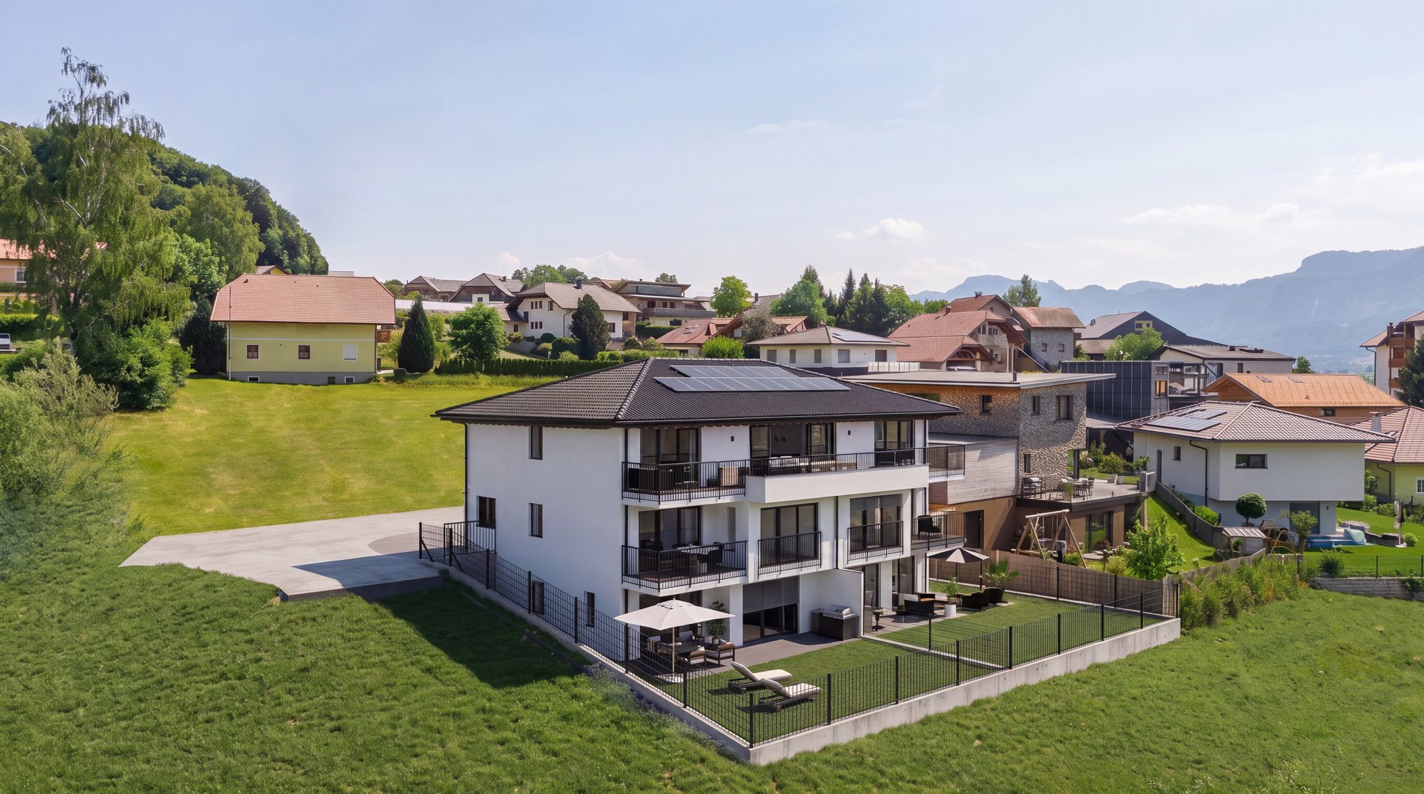Visualisierung Exlberg 9, Außenansicht mit den drei Wohneinheiten