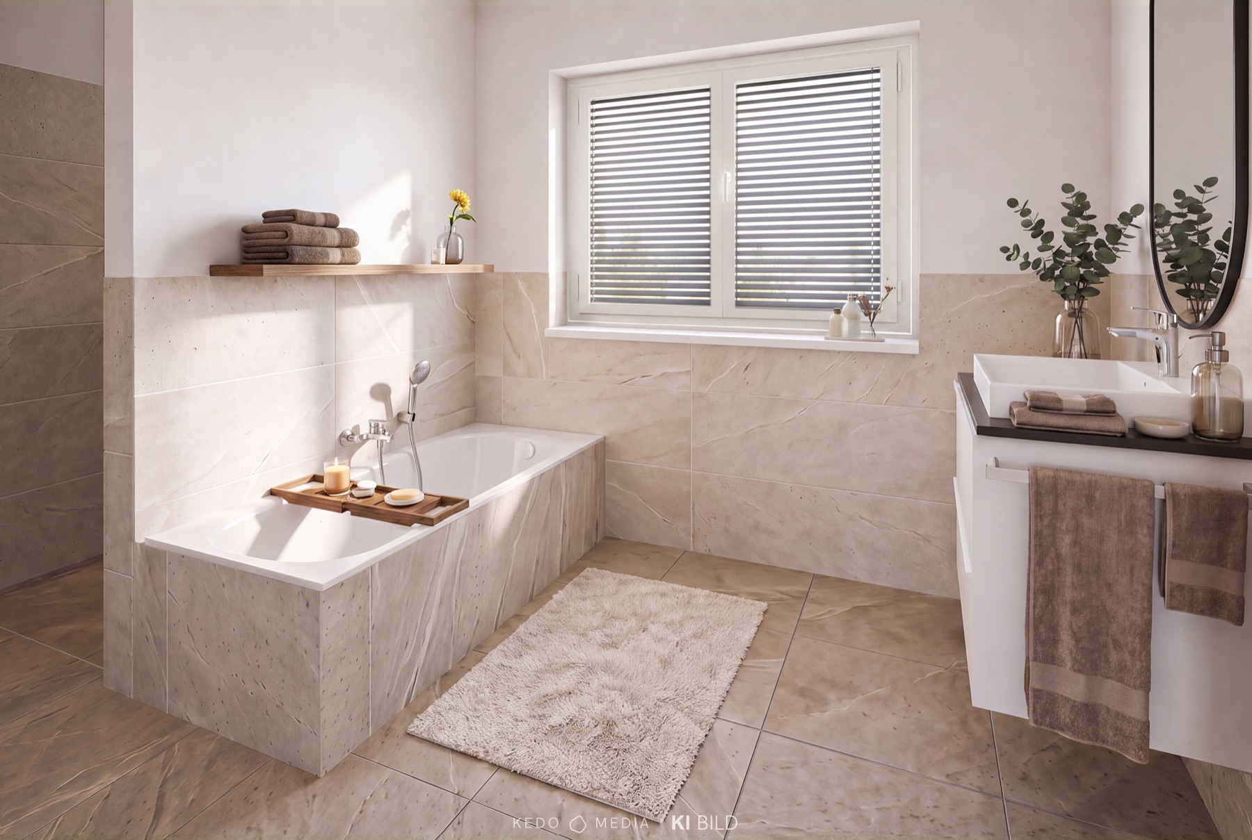 Badezimmer in Naturstein und Holz, Visualisierung