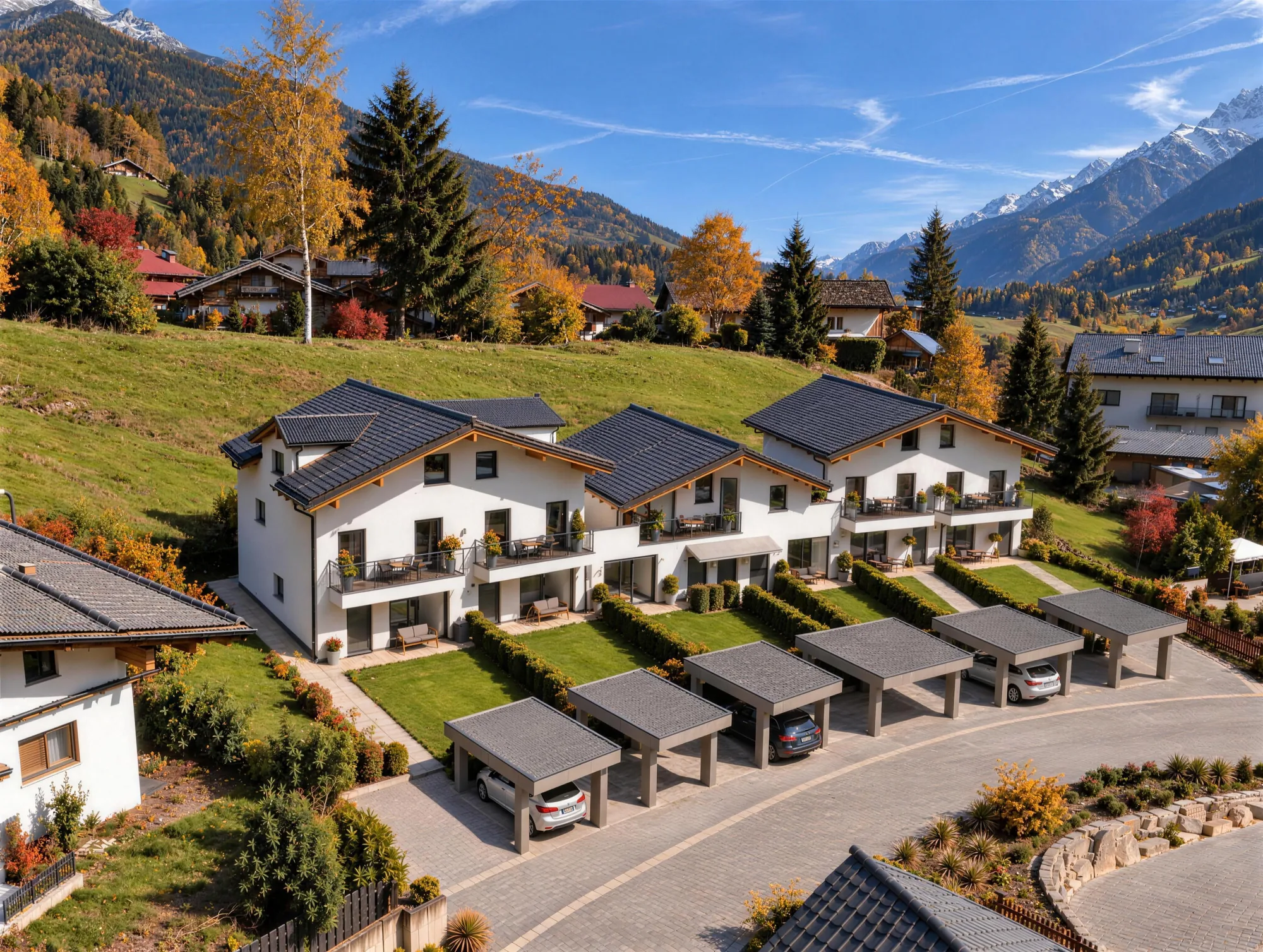 Außenansicht FREIRAUM 7 mit Gärten und Carports