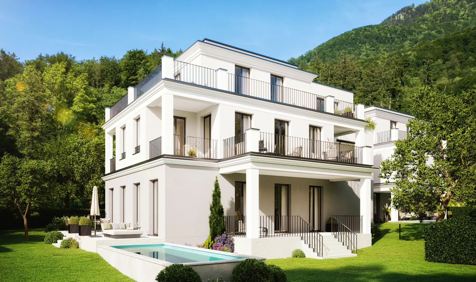PALLADIO – Außenansicht der Villa in Salzburg-Aigen mit Garten und Pool vor dem Gaisberg