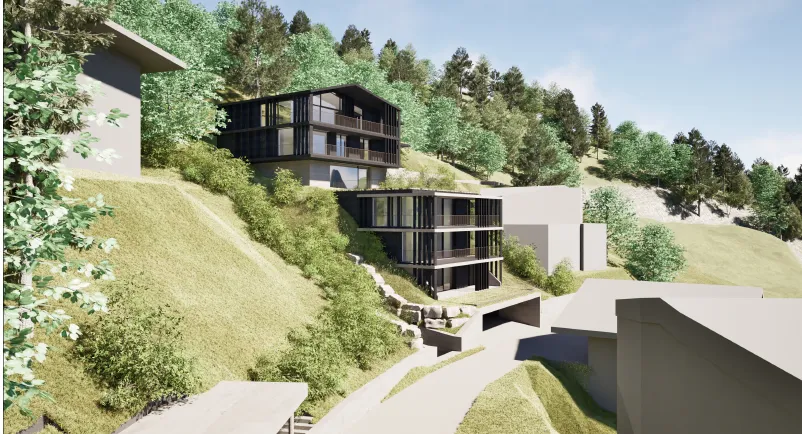 PROMENADE 21 – Terrassen und Fassade mit Alpenpanorama