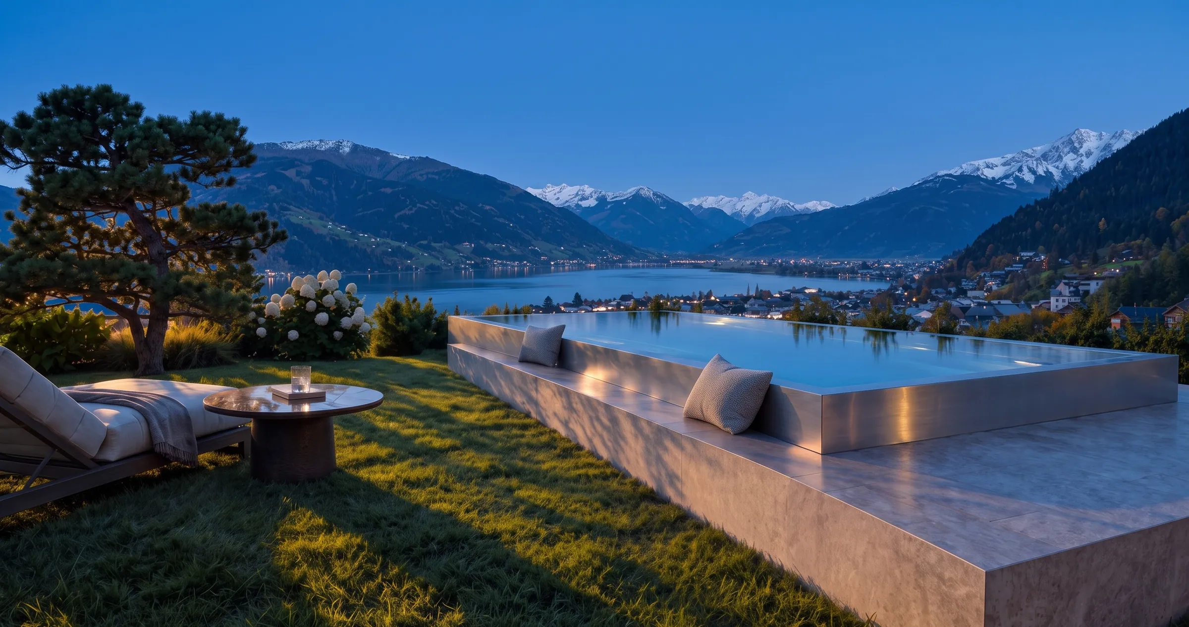 Sky-Residenz – Pool mit Seeblick zur blauen Stunde