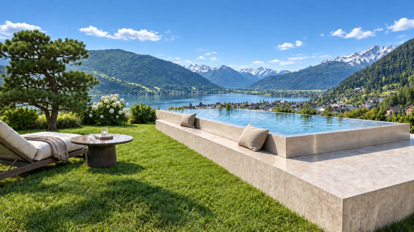 Blick über den Zeller See vom Garten der Sky-Residenz bei Tag