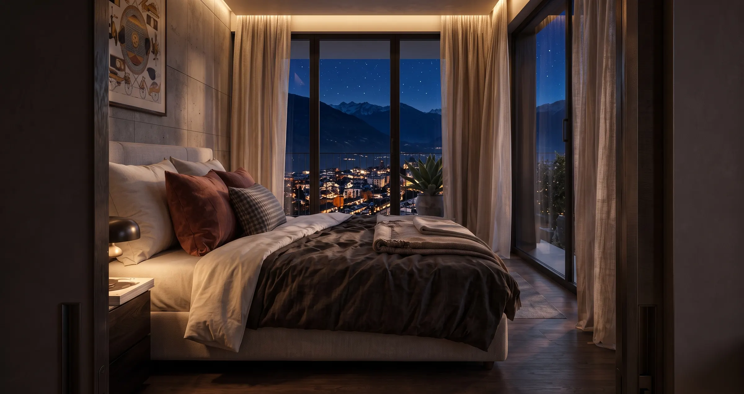 Schlafzimmer der Sky-Residenz bei Nacht mit Blick über Zell am See