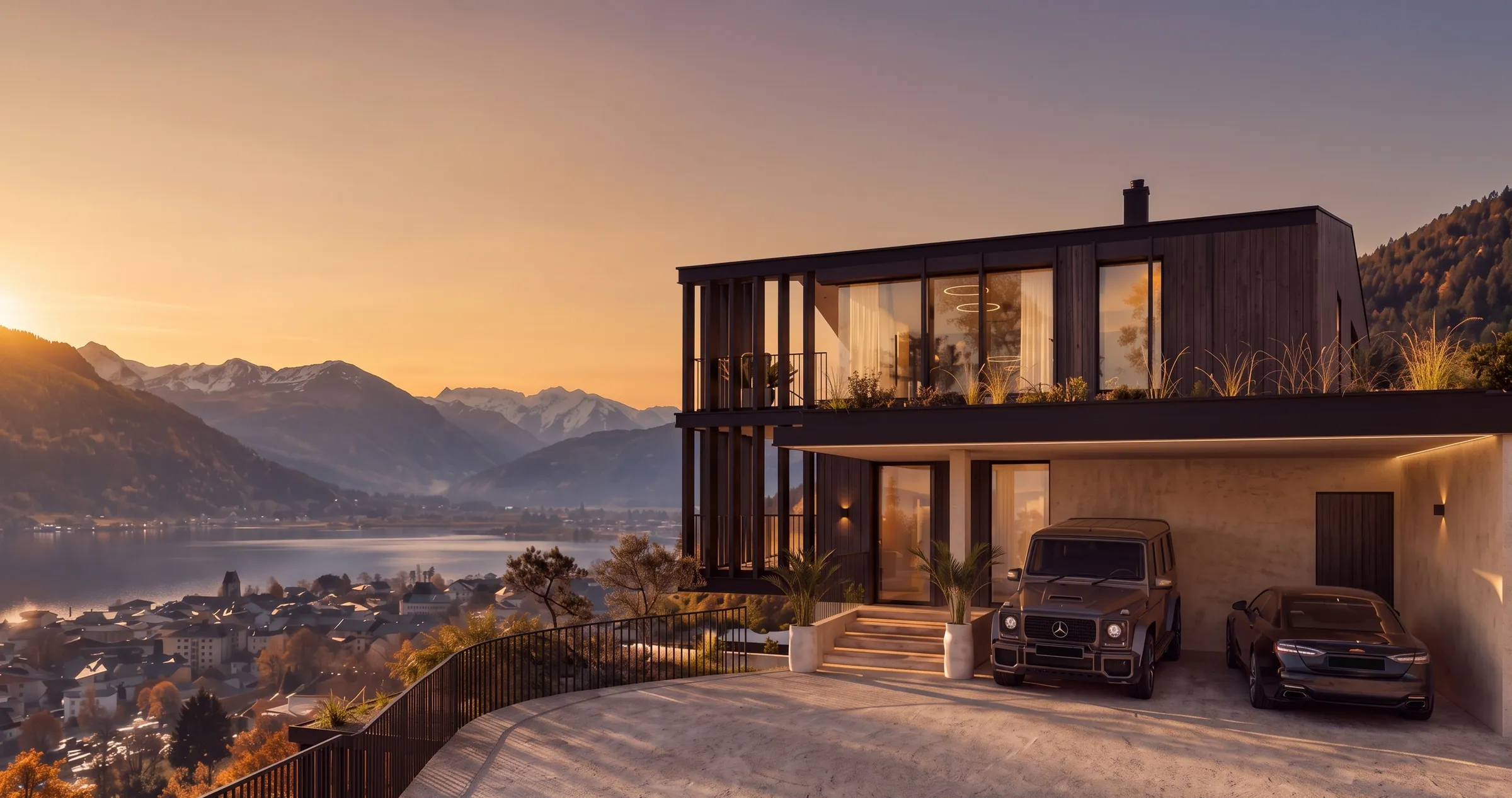 Sky-Residenz mit Blick über Zell am See und den See bei Abendsonne